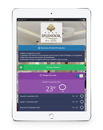 La pagina di benvenuto di Wi-Fi Hotel visualizzata su un iPad tablet.