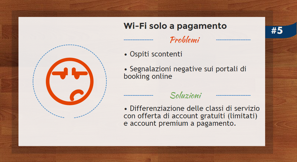 Quinta illustrazione contenente un elenco di cause e soluzioni per uno dei problemi WiFi in hotel.