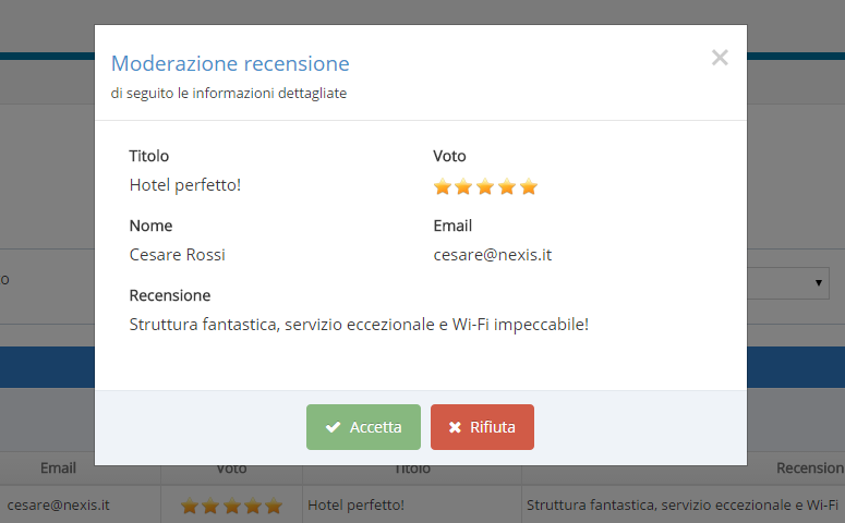 Screenshot del pannello di approvazione recensioni del GuestBook Wi-Fi Hotel.