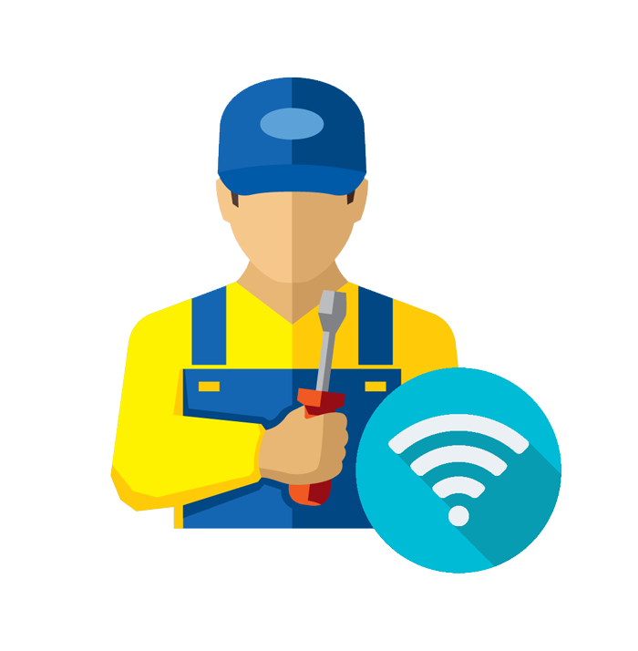 Illustrazione in flat design di un installatore di impianti WiFi per hotel.