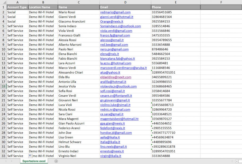 Un foglio excel contenente email e numeri di cellulare fittizi.