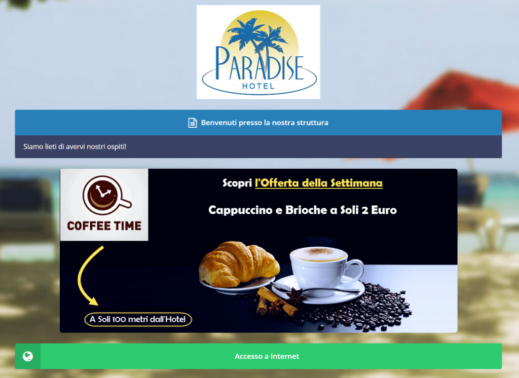 Screenshot di un banner inserzionista pubblicato sul Guest Portal, la pagina di benvenuto di Wi-Fi Hotel.