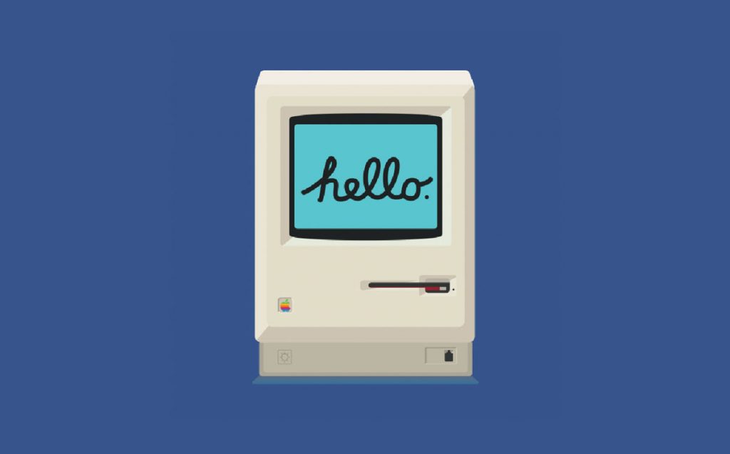 Un computer Macintosh prima versione disegnato in flat design.