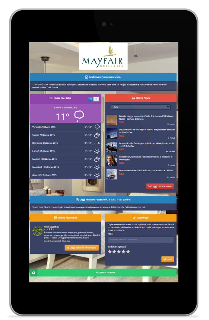 Tablet che visualizza la Pagina di Benvenuto di Wi-Fi Hotel.