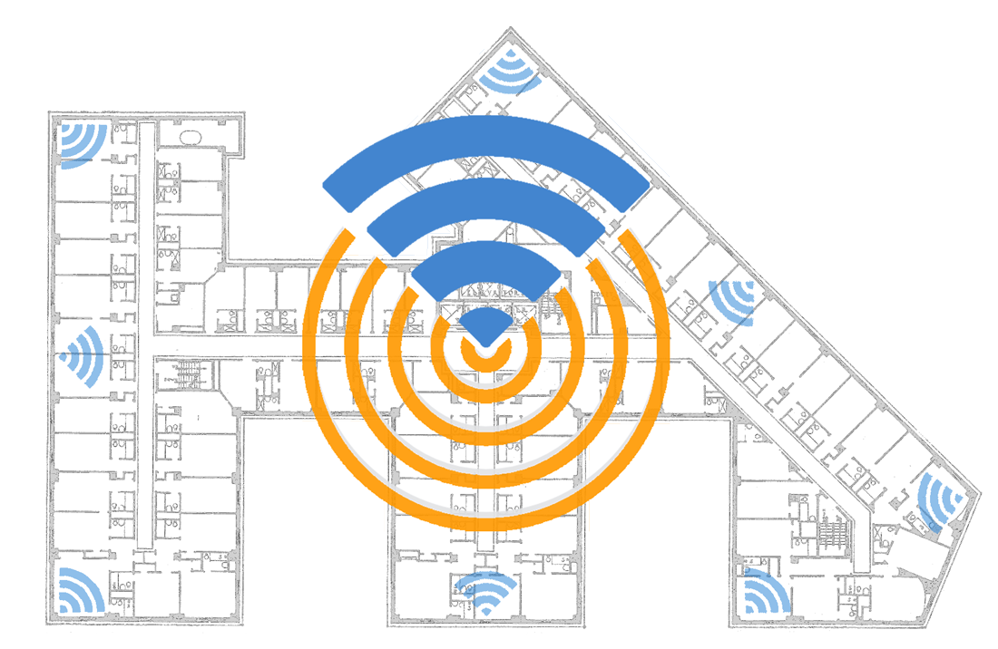 La planimetria di un hotel con segnalati gli access-pojnt WiFi.