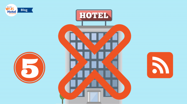 Immagine in flat design raffigurante un hotel eaffiancato dal numero 5 e dal simbolo degli errori nel servizio wifi per hotel.